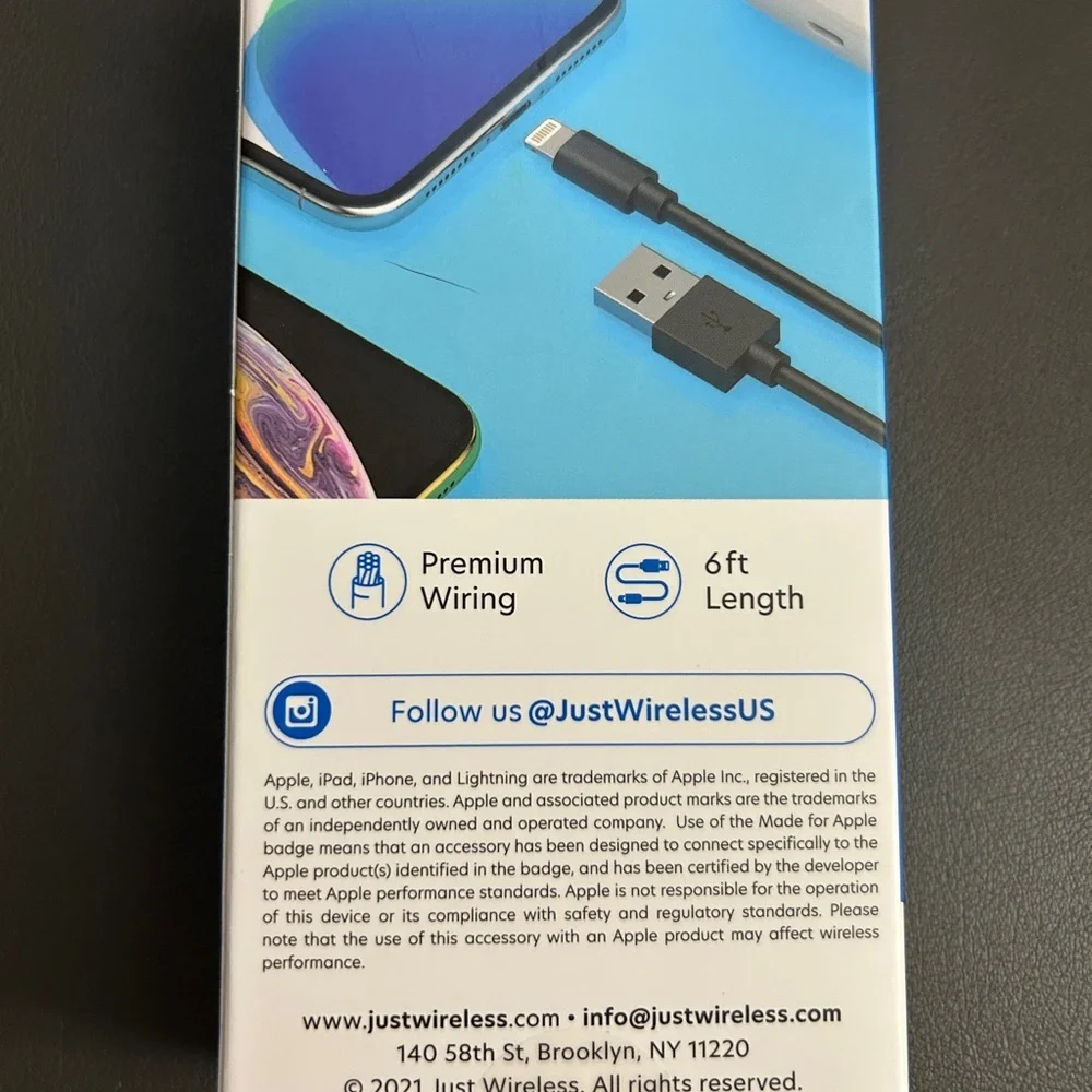 Just Wireless Black Lightning Connector 6ft Cable New in Box